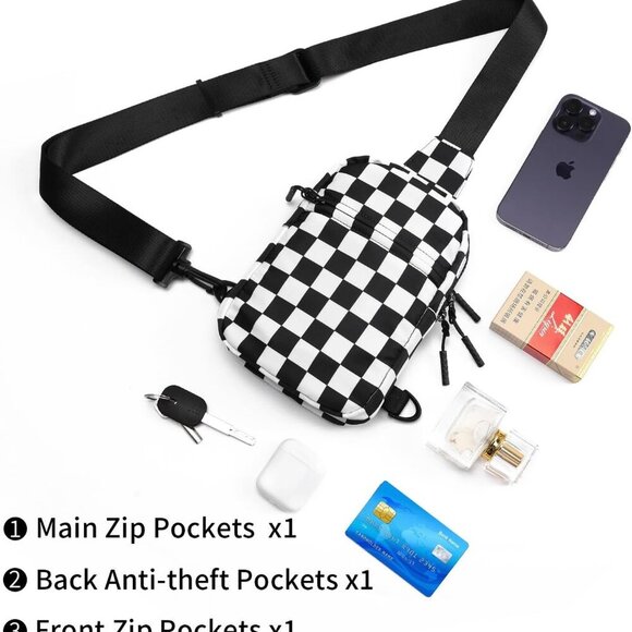Stylish Water-Resistant Checkered Crossbody Sling Bag for Active Lifestyles - Picture 4 of 7
